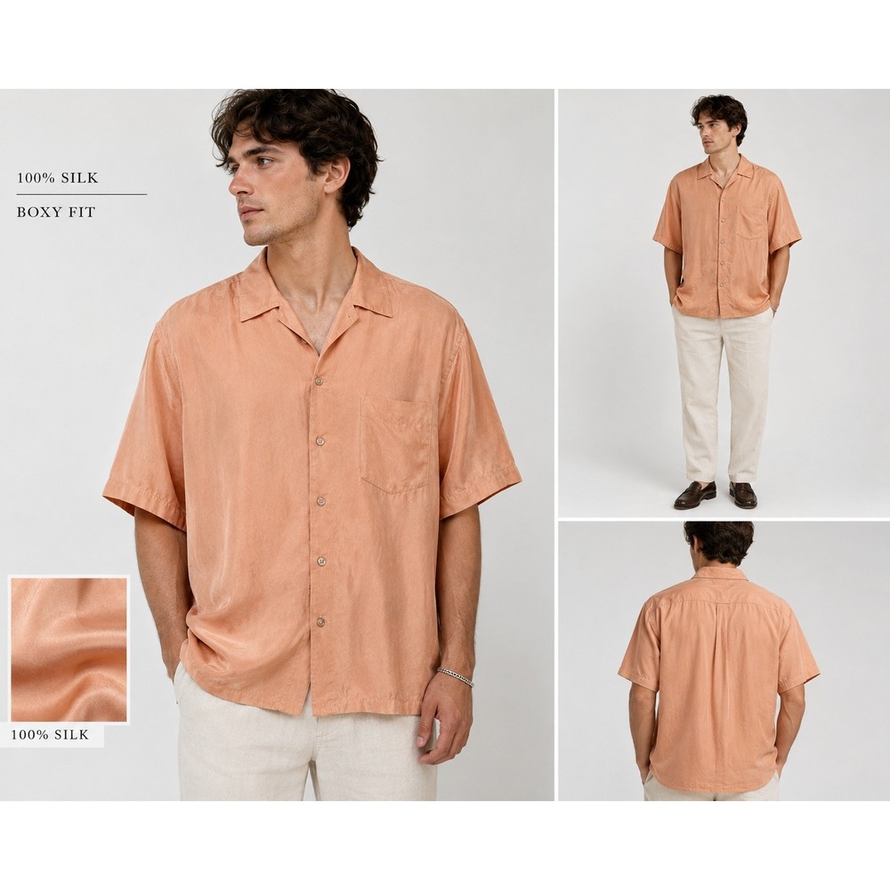 Vintage FAGA By FYI 100% Silk MED Button Up Mens Shirt Salmon Short Sleeve Y2K - Picture 2 of 8
